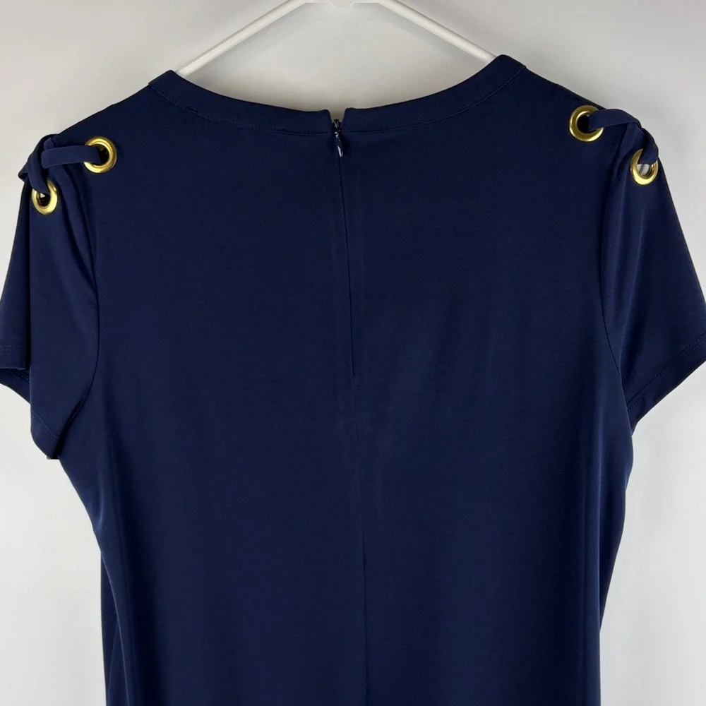 Michael Kors Navy Grommet Lace Up Shoulder Shift Dress Medium Gold